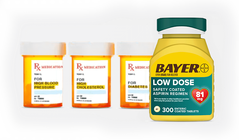 Bayer® Low Dose Aspirin bottle next to unmarked prescription bottles