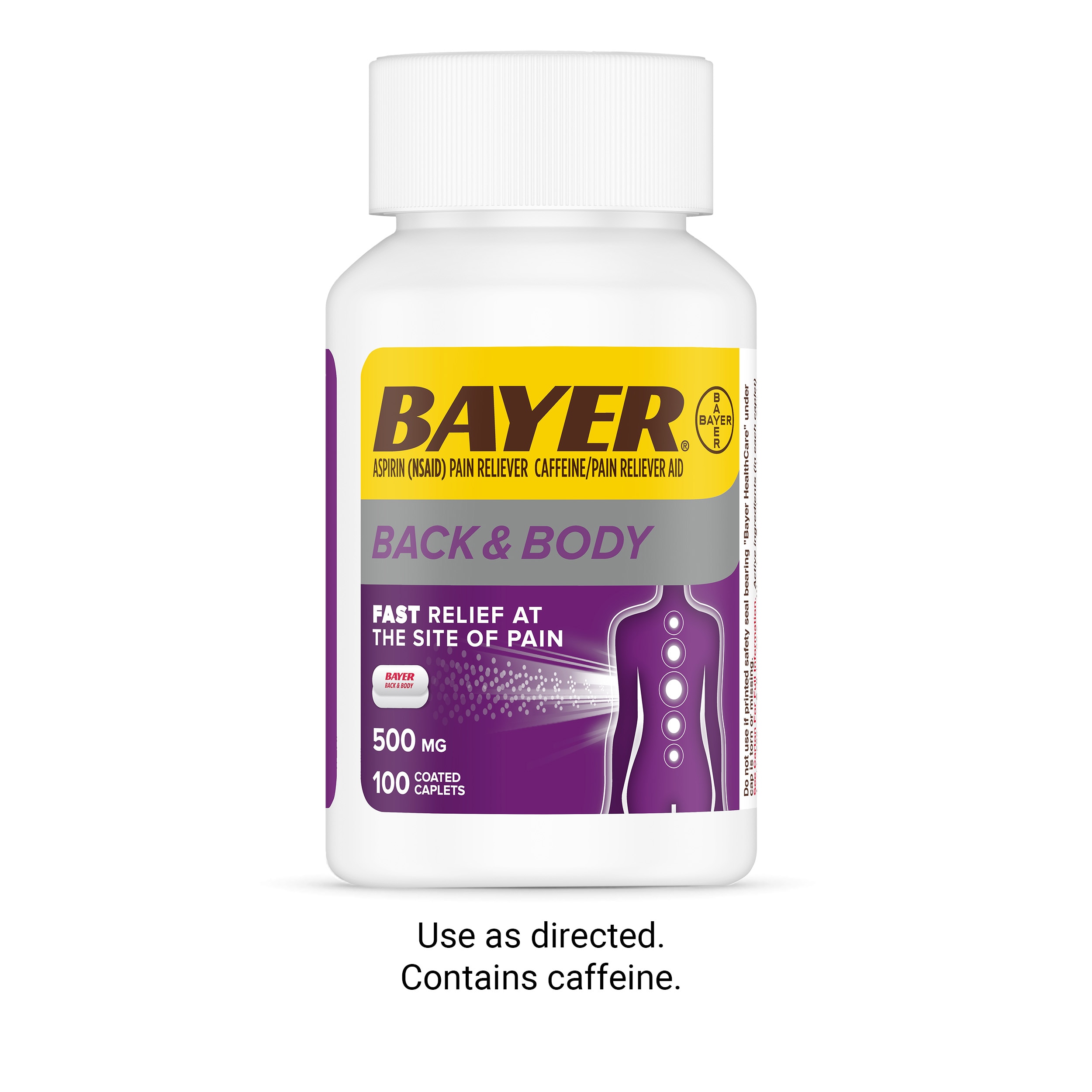 purple, white and yellow bottle of Bayer® Back & Body 500mg
