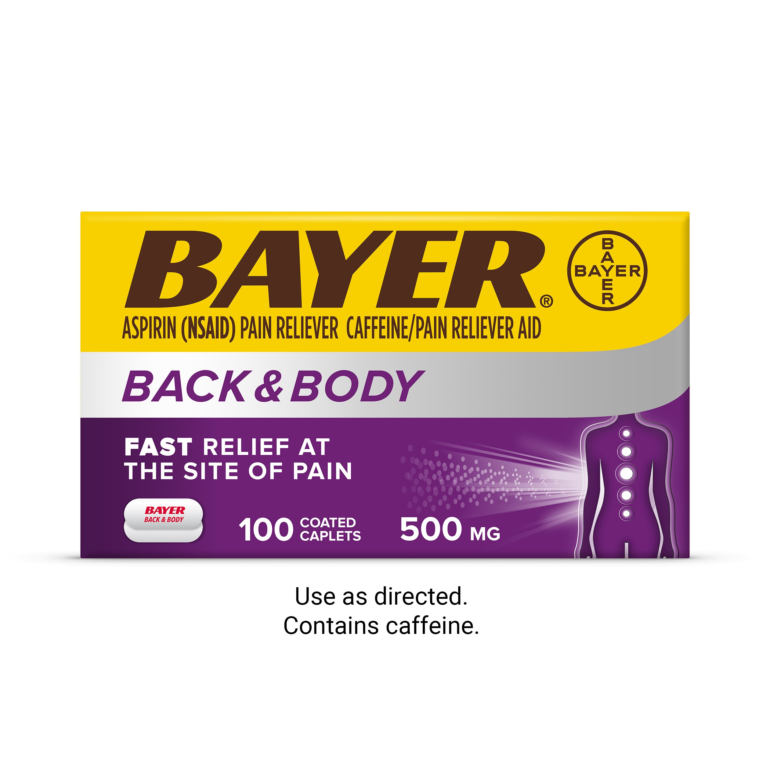 purple, white and yellow carton of Bayer® Back & Body 500mg