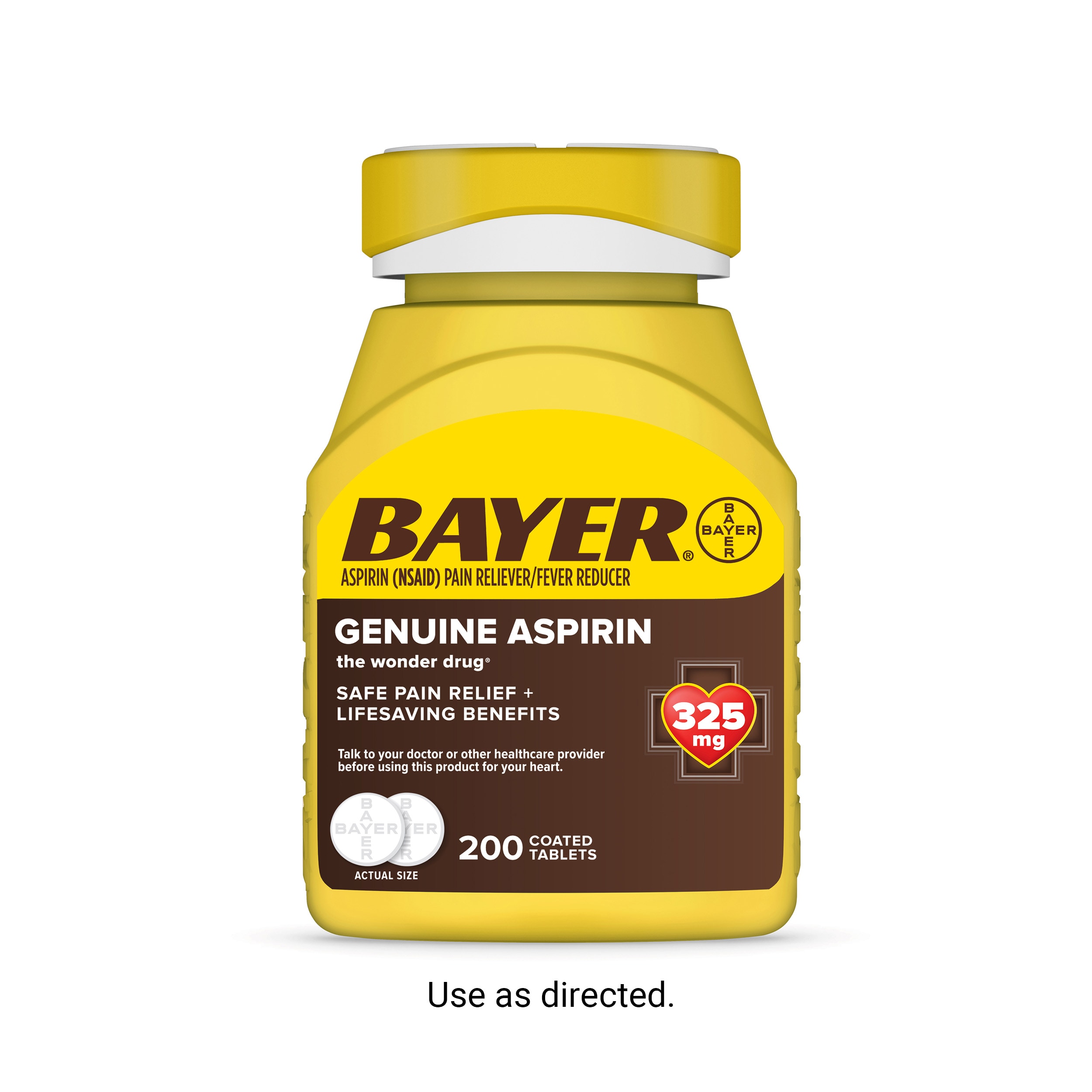 yellow and brown bottle of Genuine Bayer® Aspirin 325mg