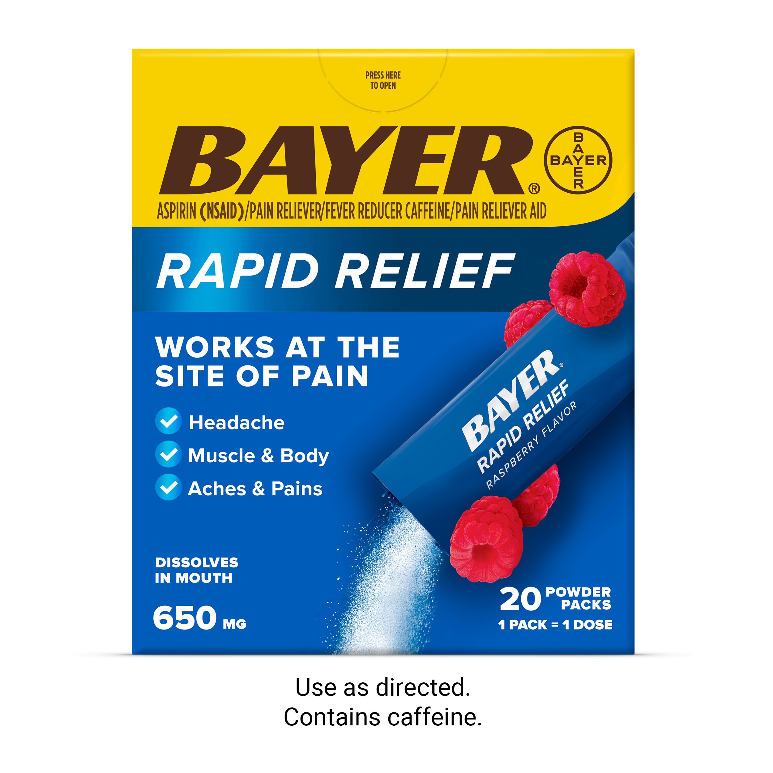 blue and yellow box of Bayer® Rapid Relief Powder Packs
